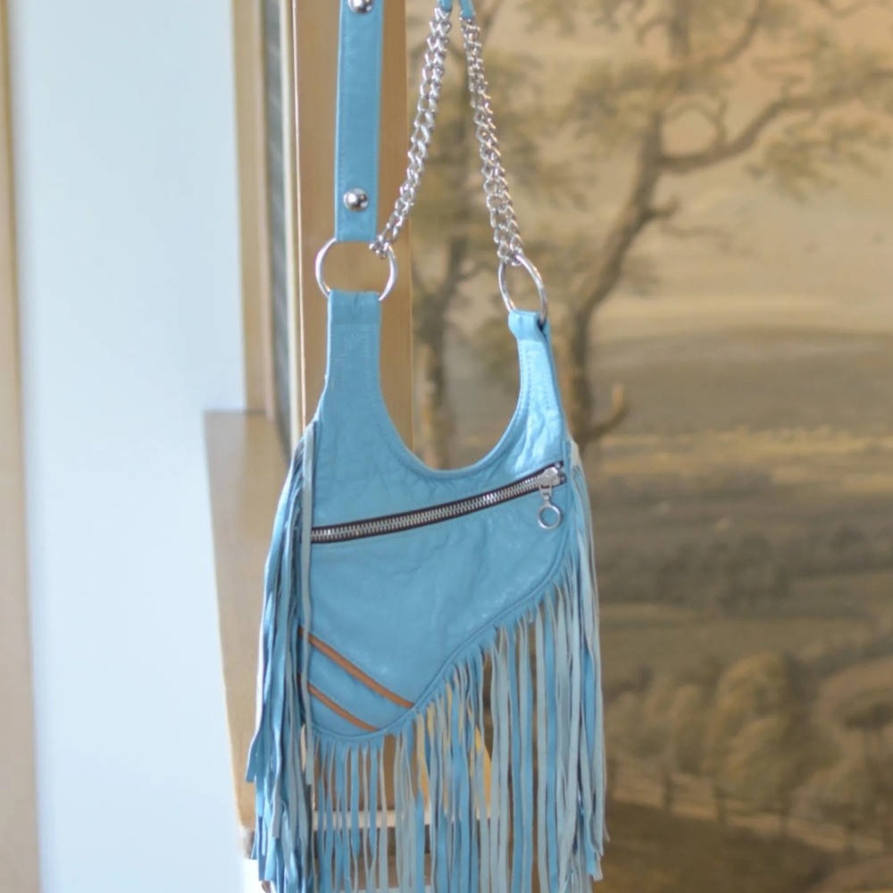 Elegant Light Blue Fringe Shoulder Bag